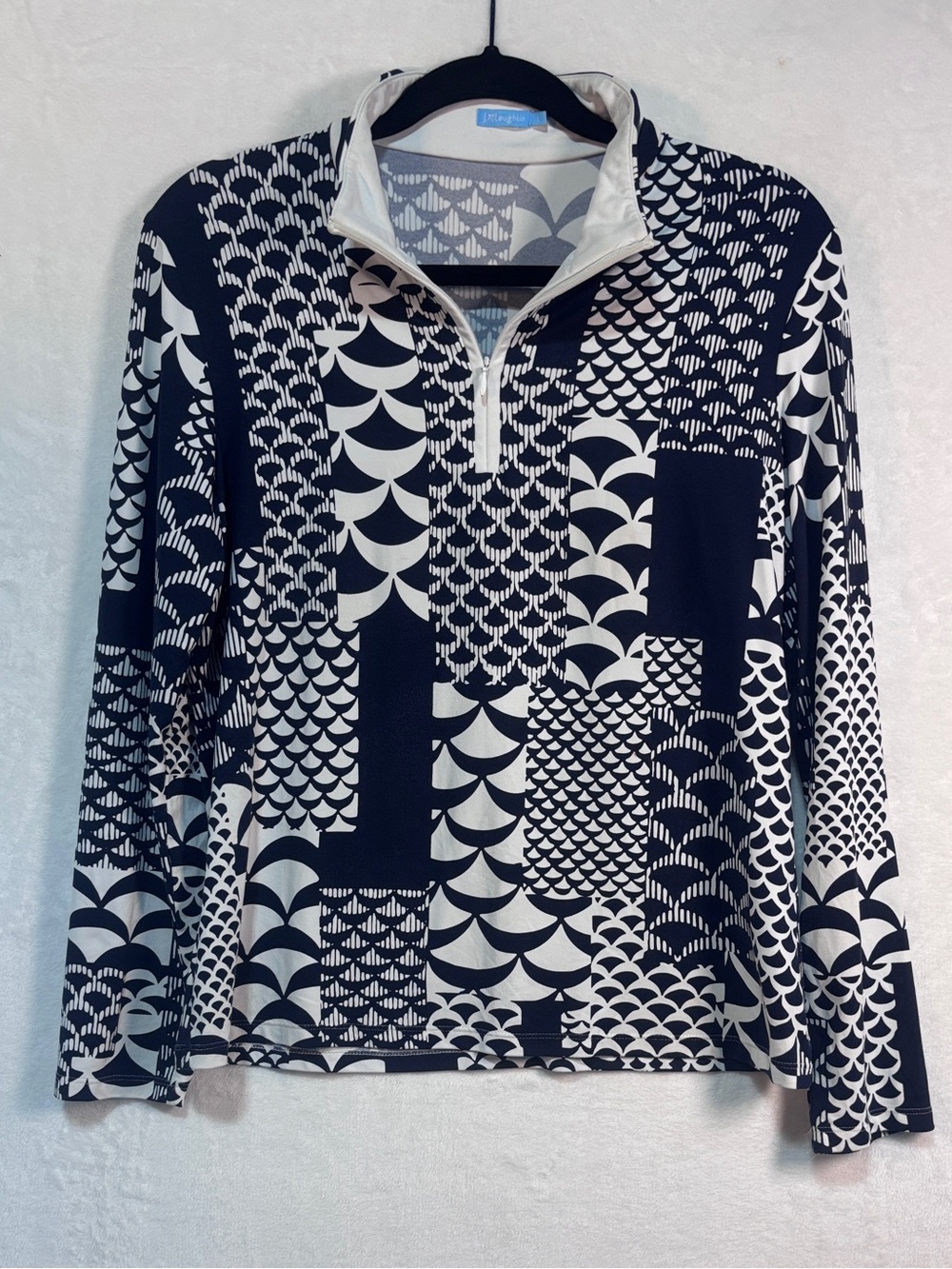J.McLaughlin Black & White Jacquard Geometric Quarter Zip Pullover Top Sz Large